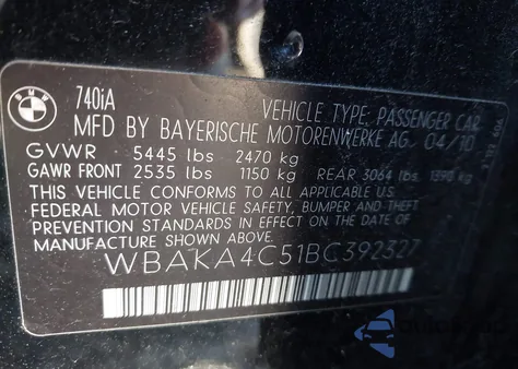 2011 BMW 740I z USA, uszkodzony, nr VIN WBAKA4C51BC392327